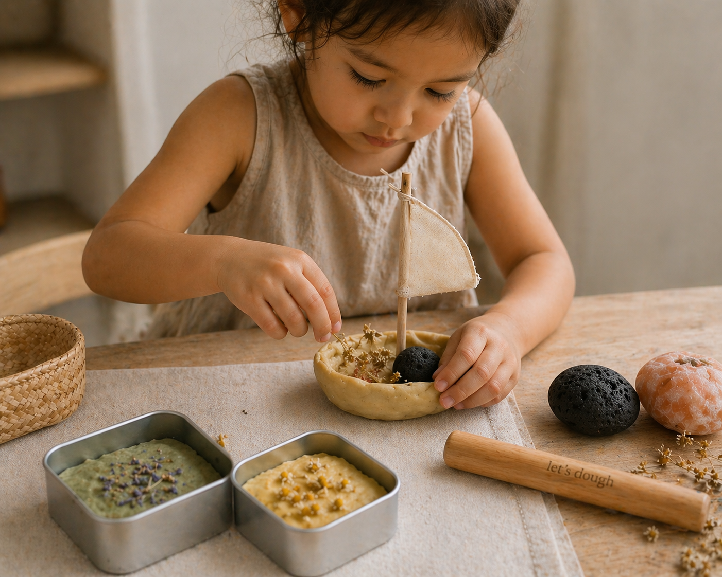 A child creating with Moushki natural play materials